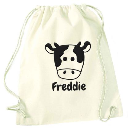 Personalised cow illustration with any name natural drawstring bag
