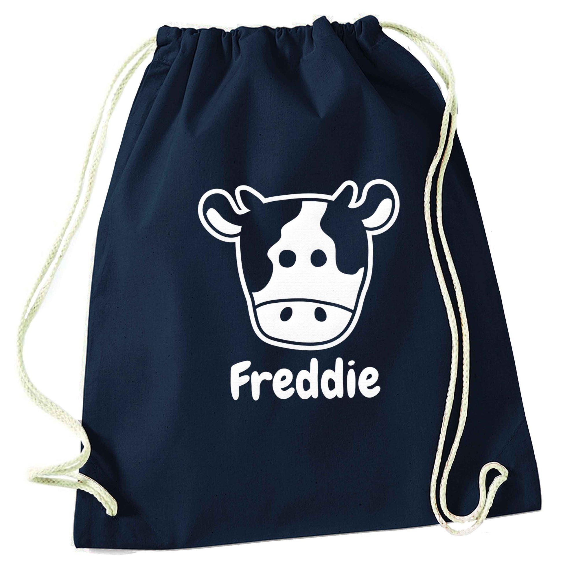 Personalised cow illustration with any name navy drawstring bag