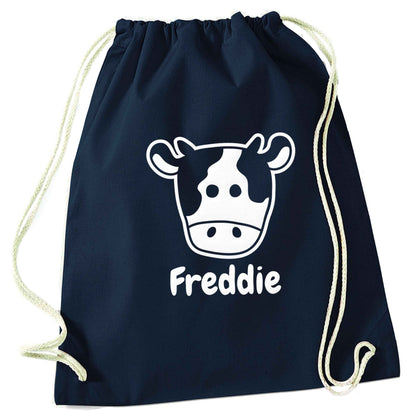 Personalised cow illustration with any name navy drawstring bag