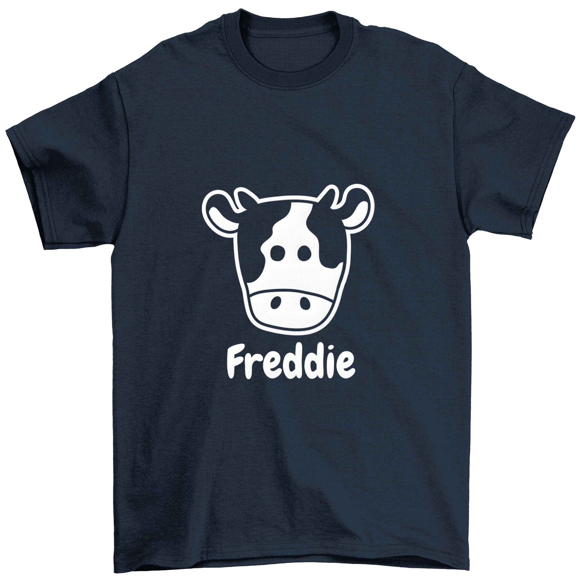 Personalised cow illustration with any name Children's navy Tshirt 12-13 Years