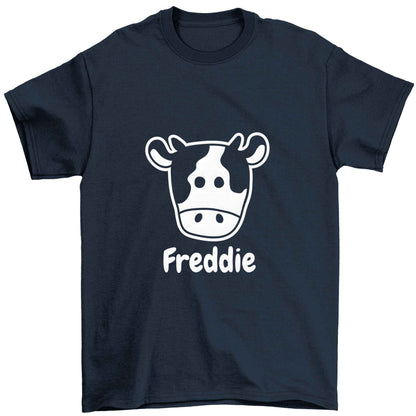 Personalised cow illustration with any name Children's navy Tshirt 12-13 Years