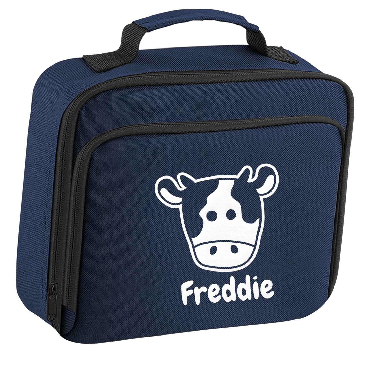 Personalised cow illustration with any name insulated navy lunch bag cooler