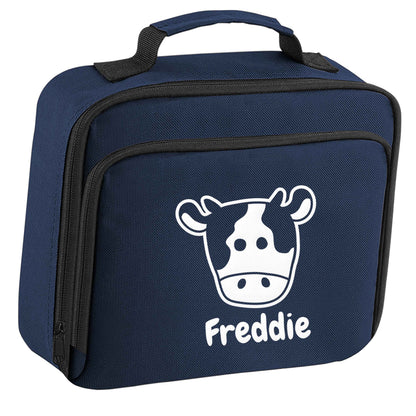 Personalised cow illustration with any name insulated navy lunch bag cooler