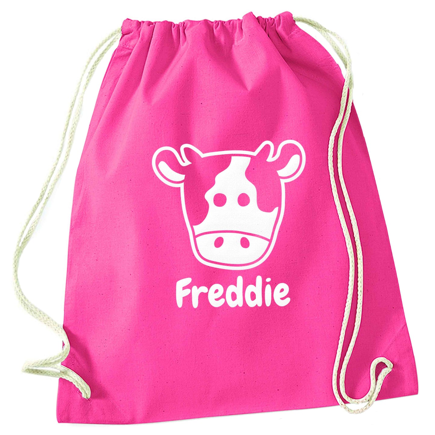 Personalised cow illustration with any name pink drawstring bag