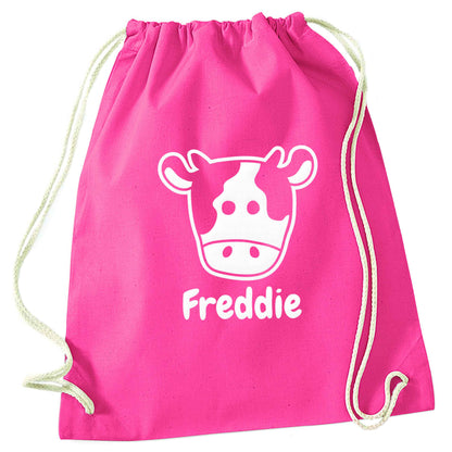 Personalised cow illustration with any name pink drawstring bag