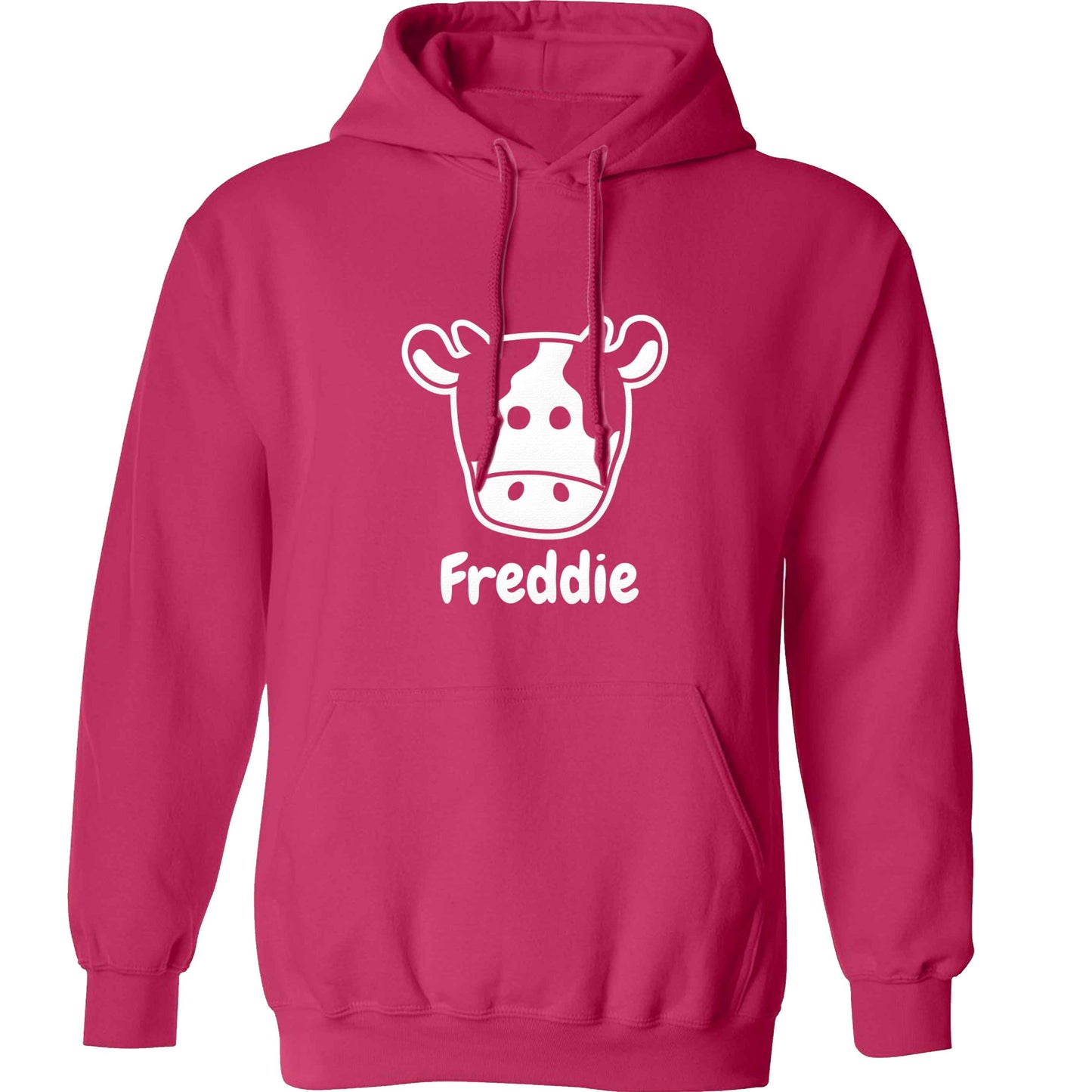 Personalised cow illustration with any name adults unisex pink hoodie 2XL