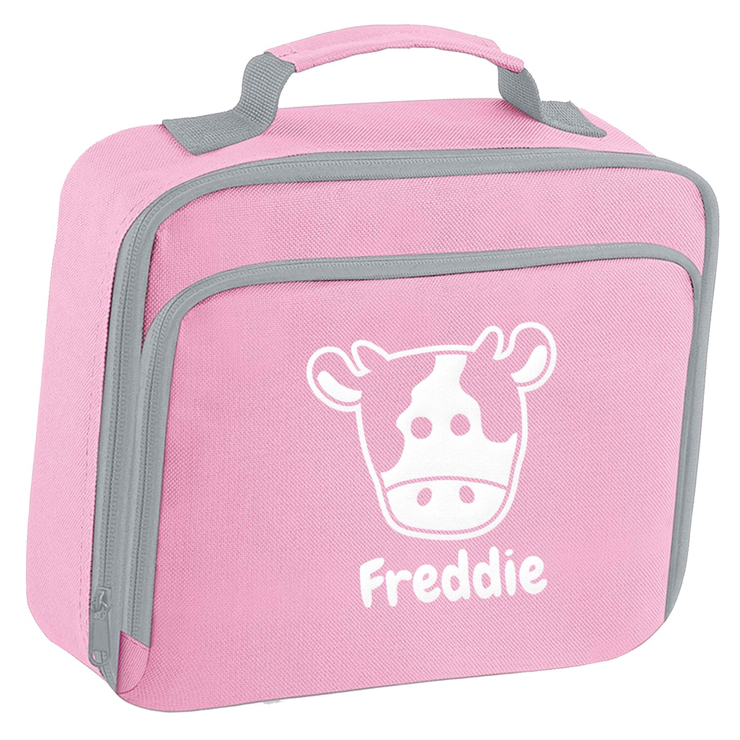 Personalised cow illustration with any name insulated pink lunch bag cooler