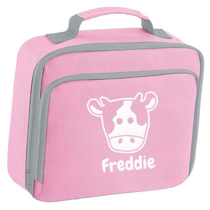 Personalised cow illustration with any name insulated pink lunch bag cooler