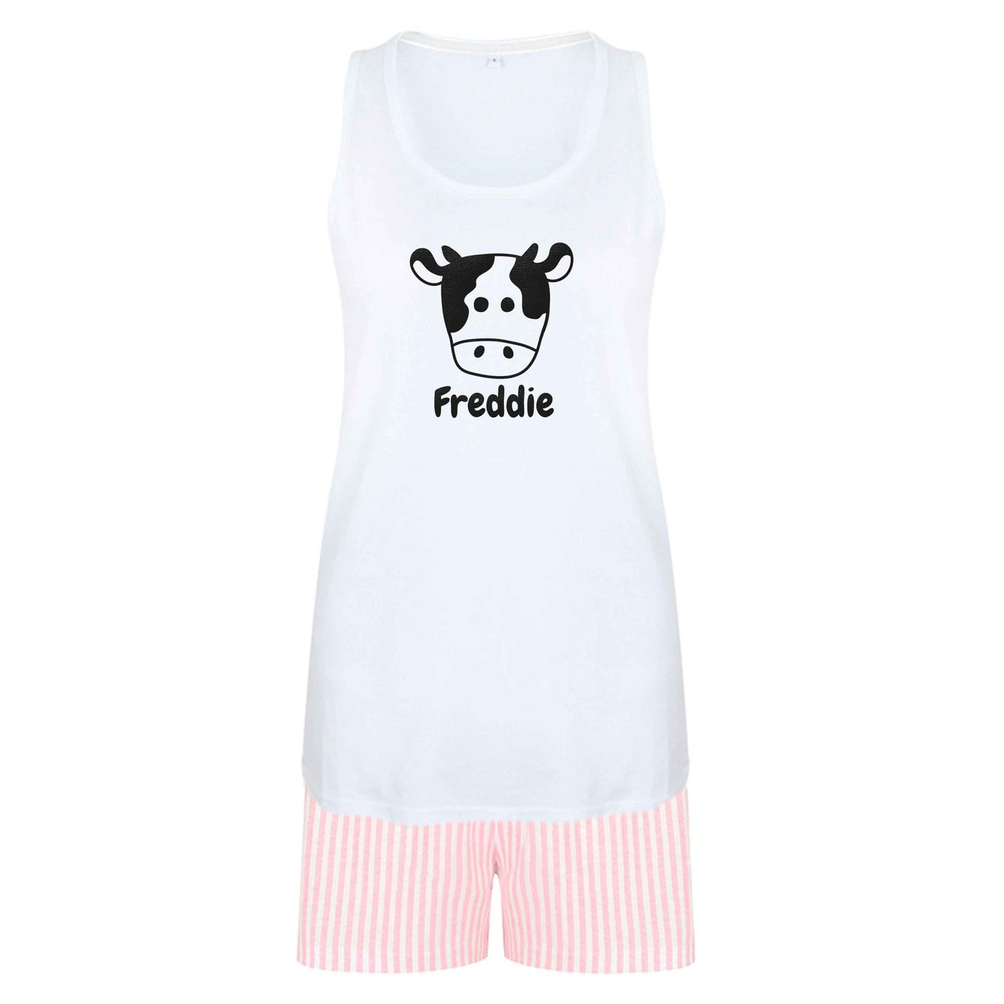 Personalised cow illustration with any name size XL women's pyjama shorts set in pink 