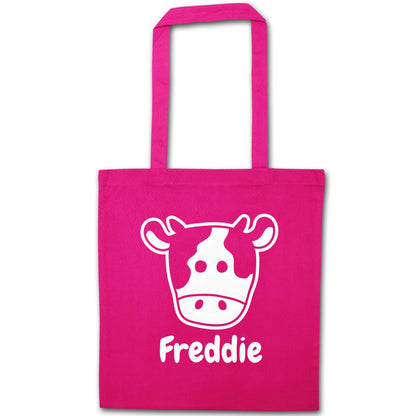 Personalised cow illustration with any name pink tote bag