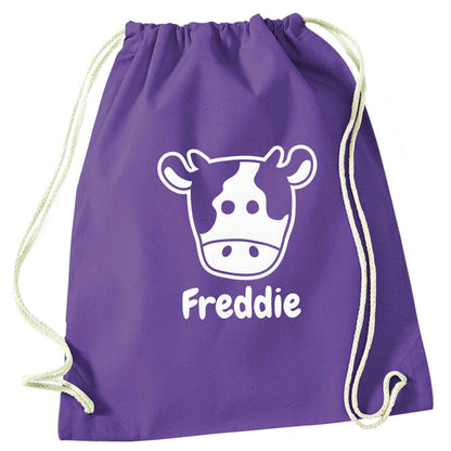 Personalised cow illustration with any name purple drawstring bag