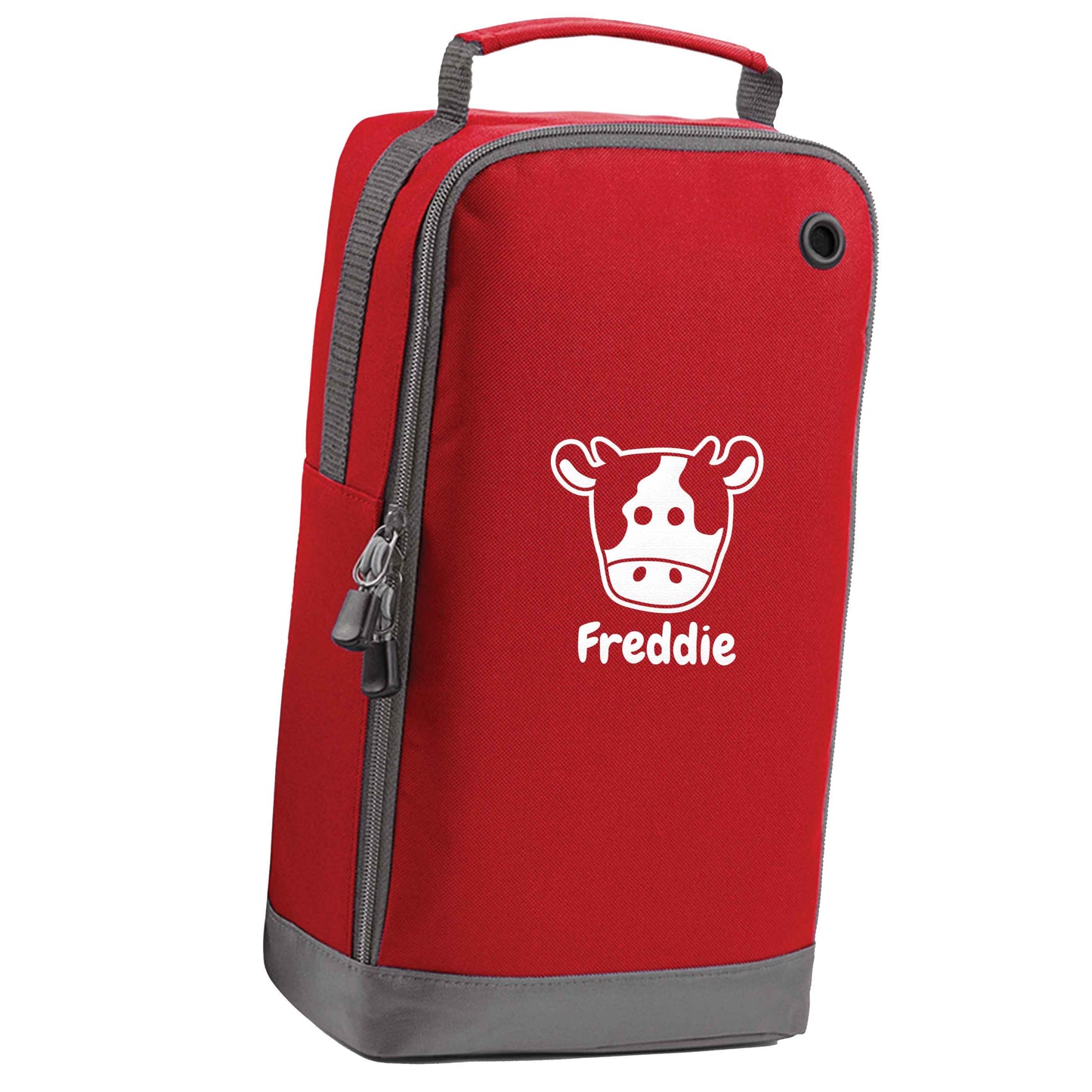 Personalised cow illustration with any name red sports shoe bag vertical print
