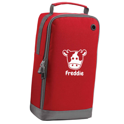 Personalised cow illustration with any name red sports shoe bag vertical print