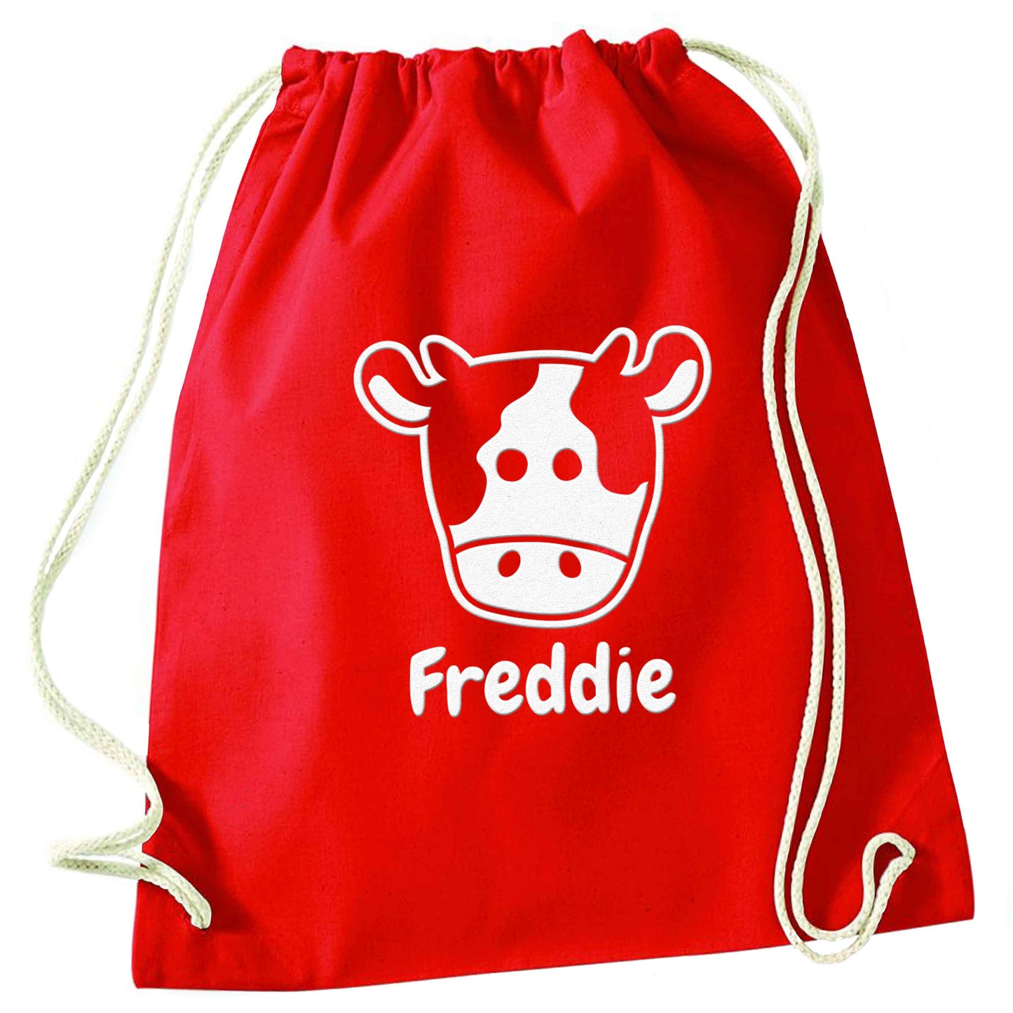 Personalised cow illustration with any name red drawstring bag 