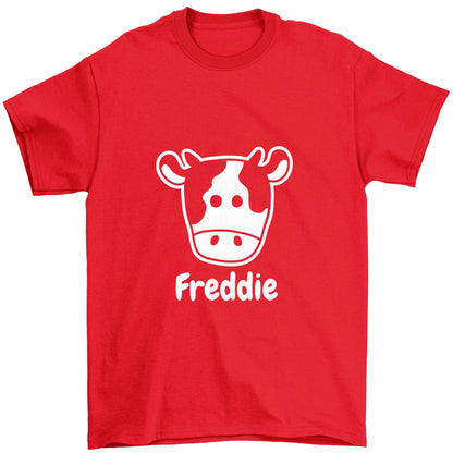 Personalised cow illustration with any name Children's red Tshirt 12-13 Years