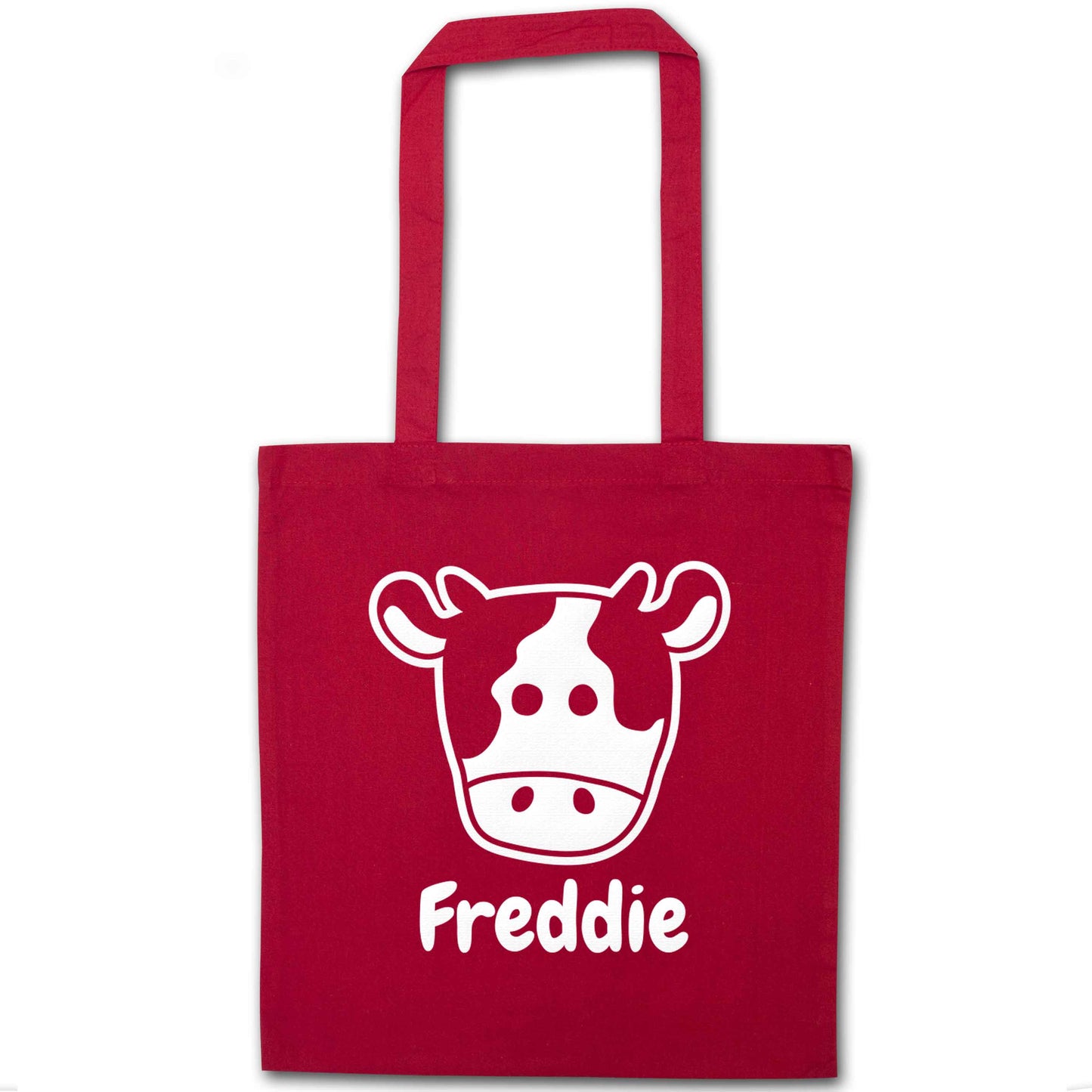 Personalised cow illustration with any name red tote bag