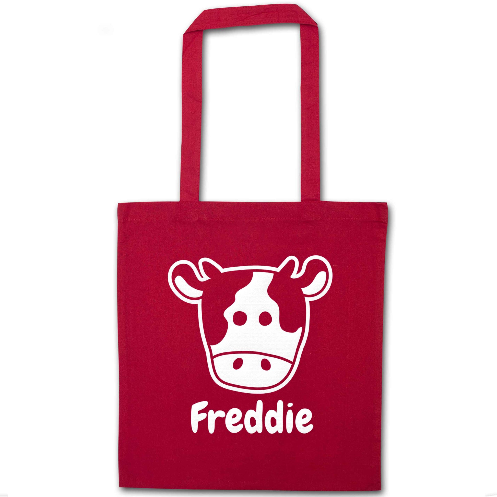 Personalised cow illustration with any name red tote bag