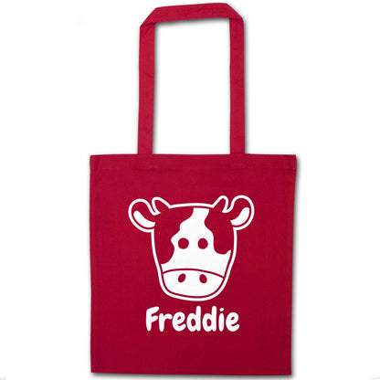 Personalised cow illustration with any name red tote bag