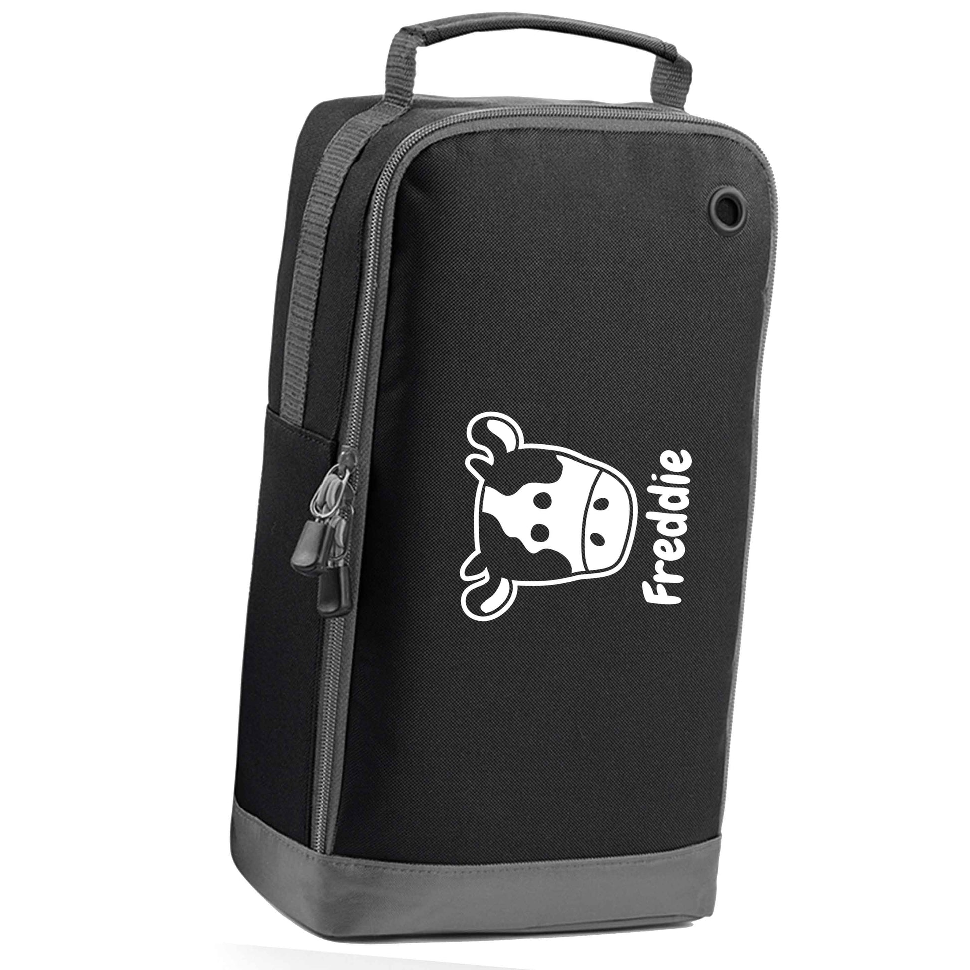 Personalised cow illustration with any name black sports shoe bag horizontal print