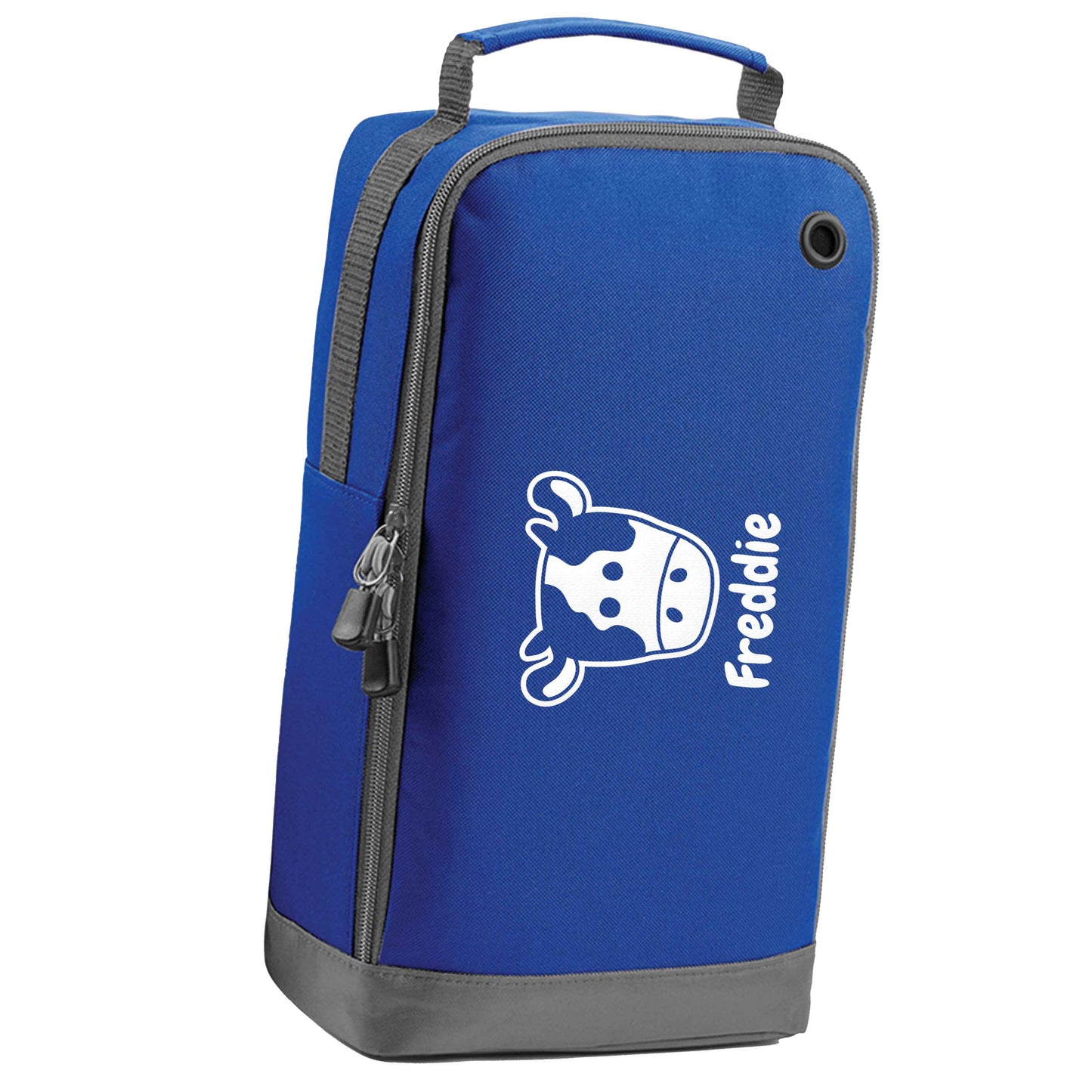 Personalised cow illustration with any name blue sports shoe bag horizontal print