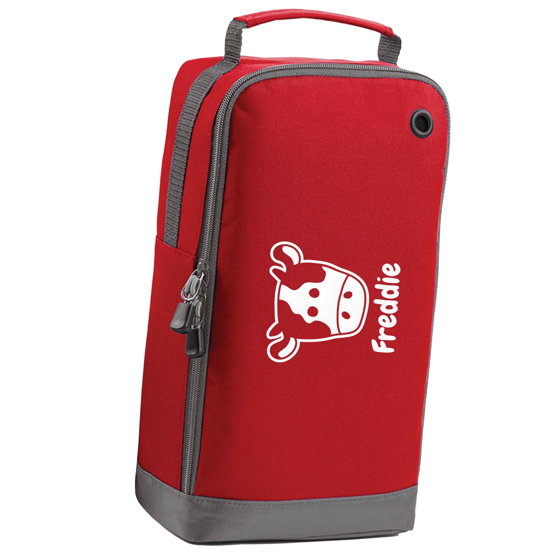 Personalised cow illustration with any name red sports shoe bag horizontal print