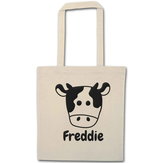 Personalised cow illustration with any name natural tote bag