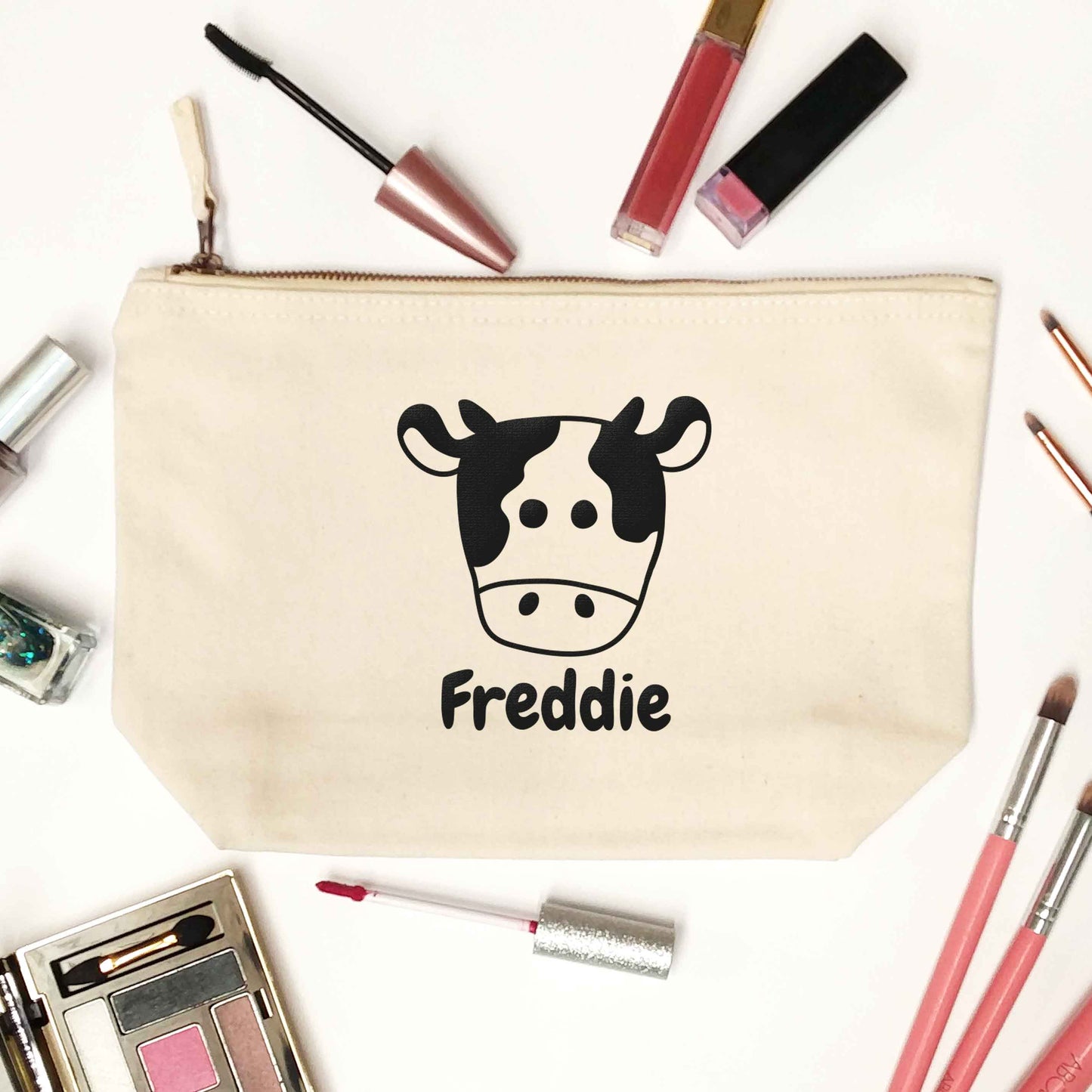 Personalised cow illustration with any name natural makeup bag