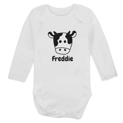 Personalised cow illustration with any name baby bodysuit long sleeved white 6-12 months