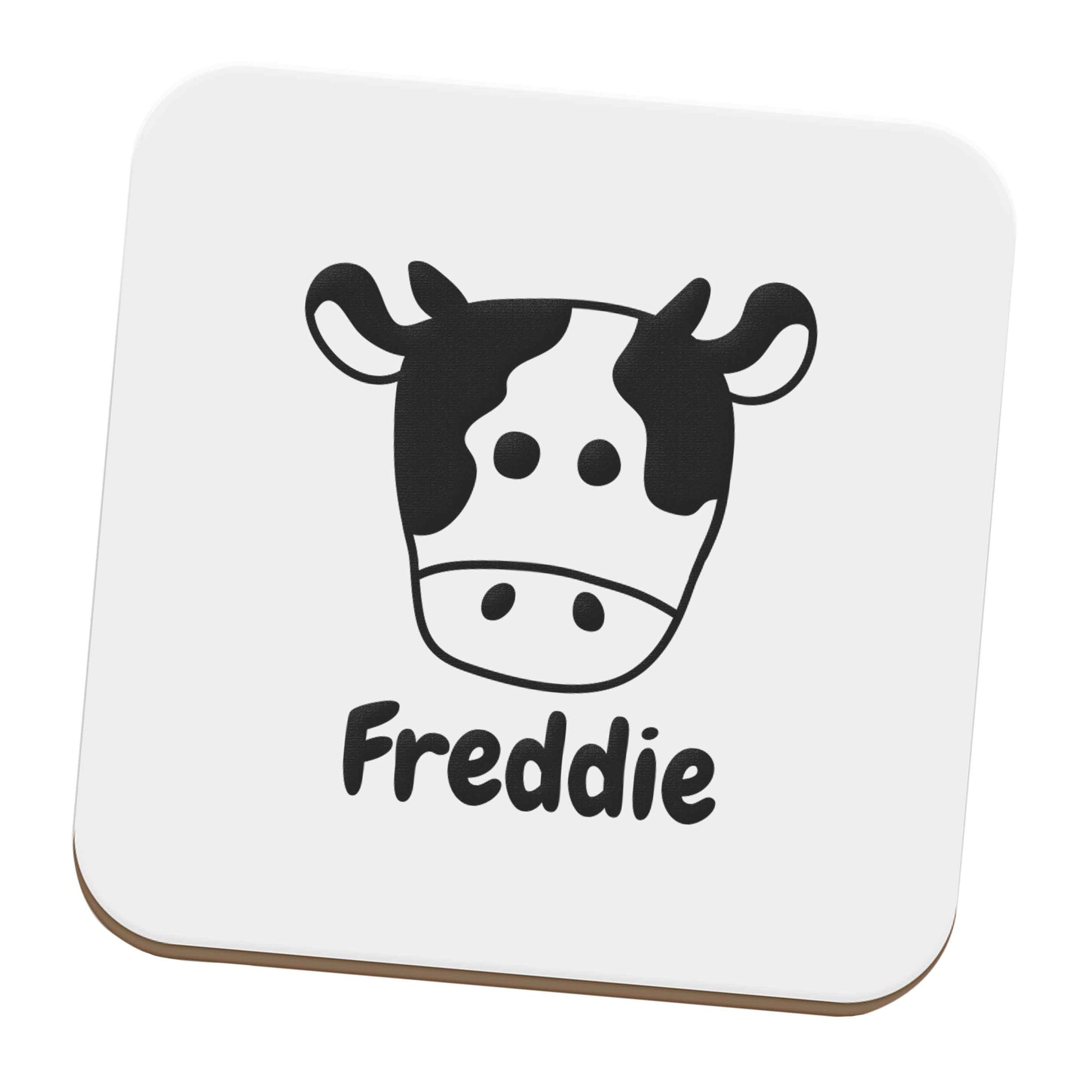Personalised cow illustration with any name set of four coasters
