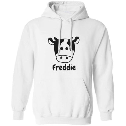 Personalised cow illustration with any name adults unisex white hoodie 2XL