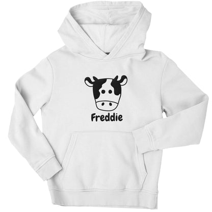 Personalised cow illustration with any name children's white hoodie 12-13 Years