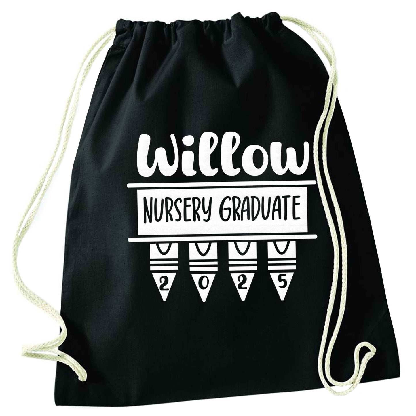 Personalised nursery graduate 2025 black drawstring bag