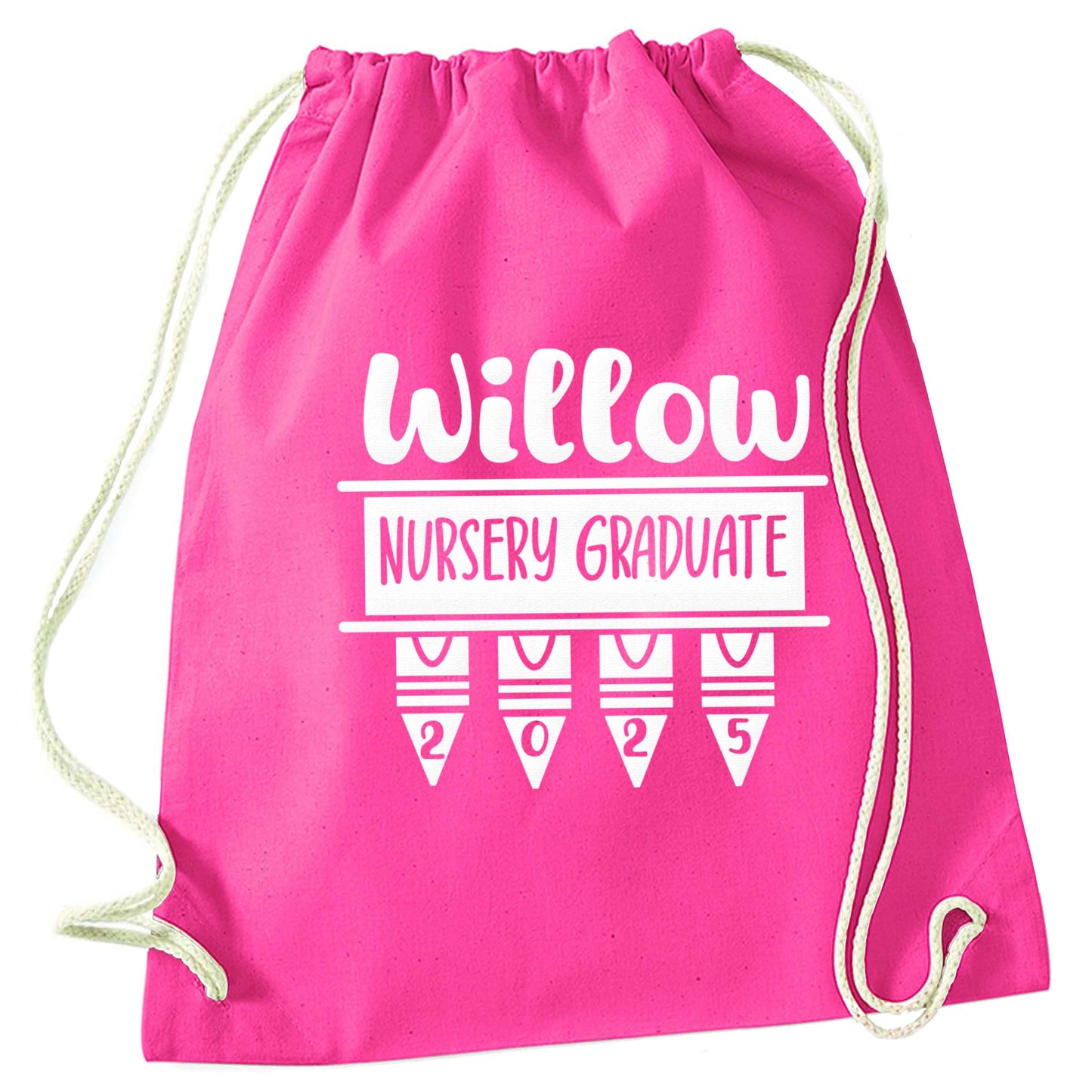 Personalised nursery graduate 2025 pink drawstring bag