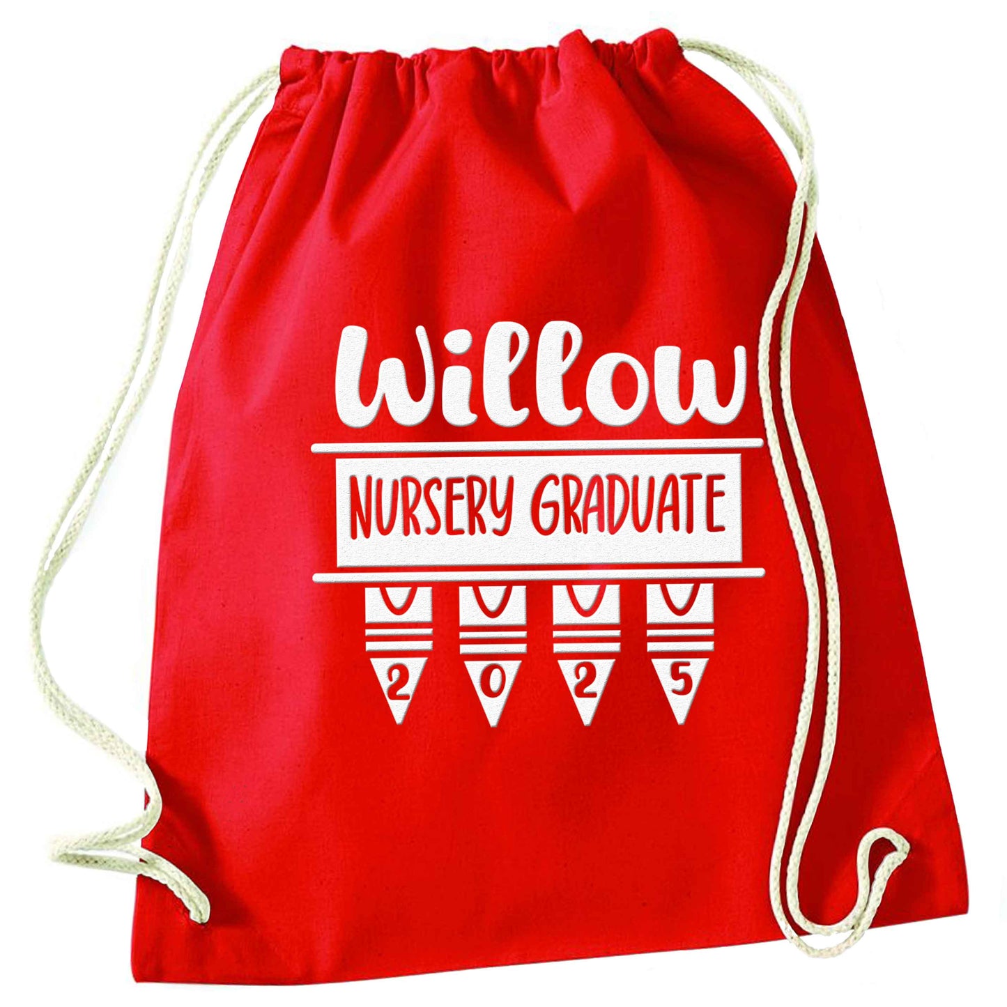 Personalised nursery graduate 2025 red drawstring bag 