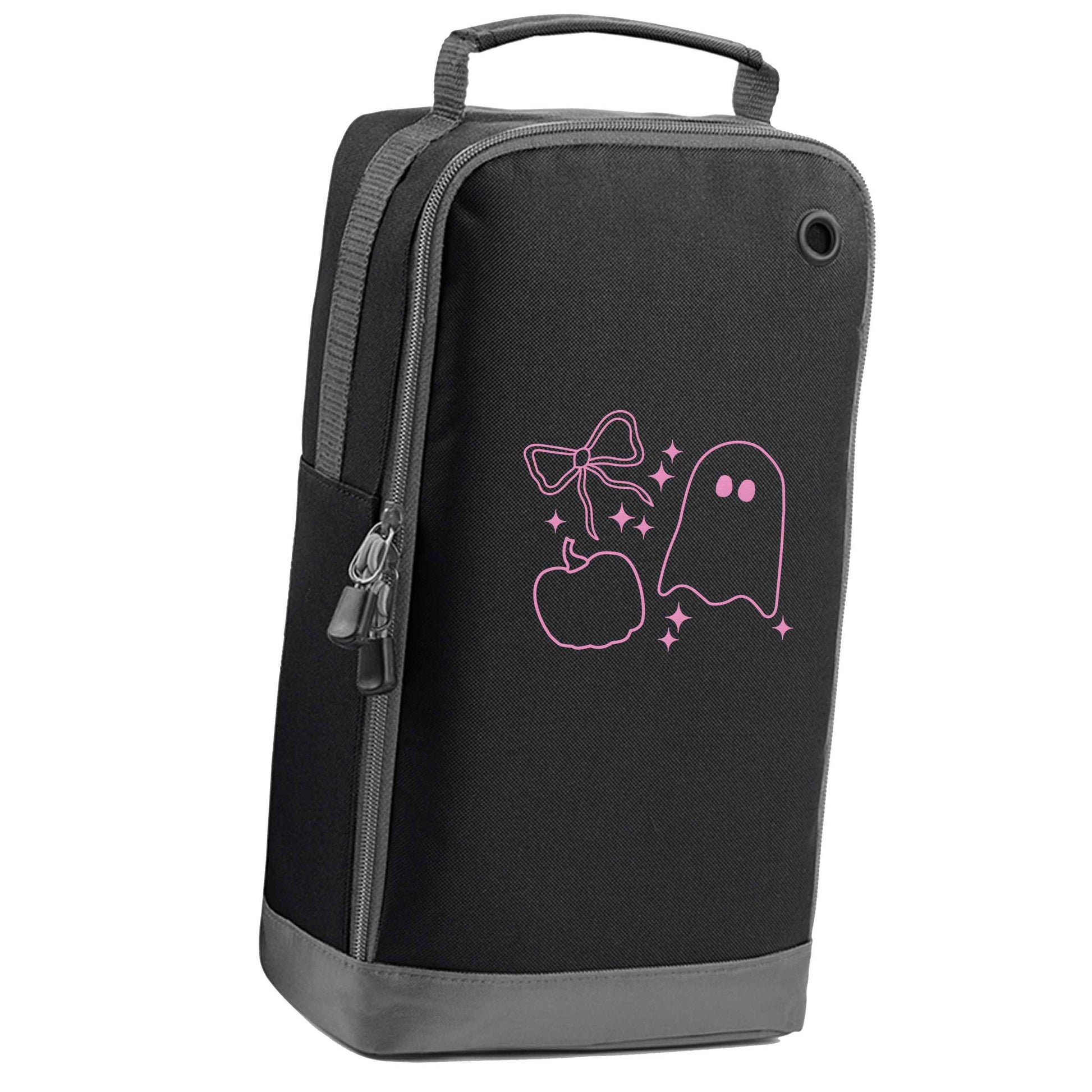 Ghost, bow and pumpkin illustration black sports shoe bag vertical print