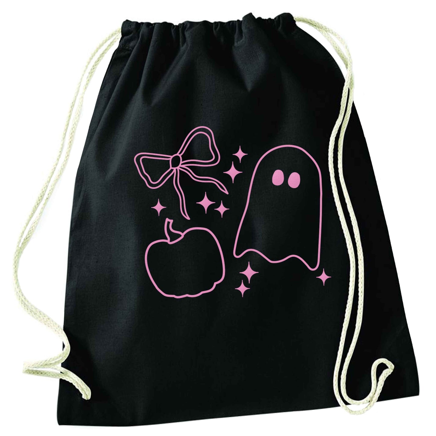 Ghost, bow and pumpkin illustration black drawstring bag