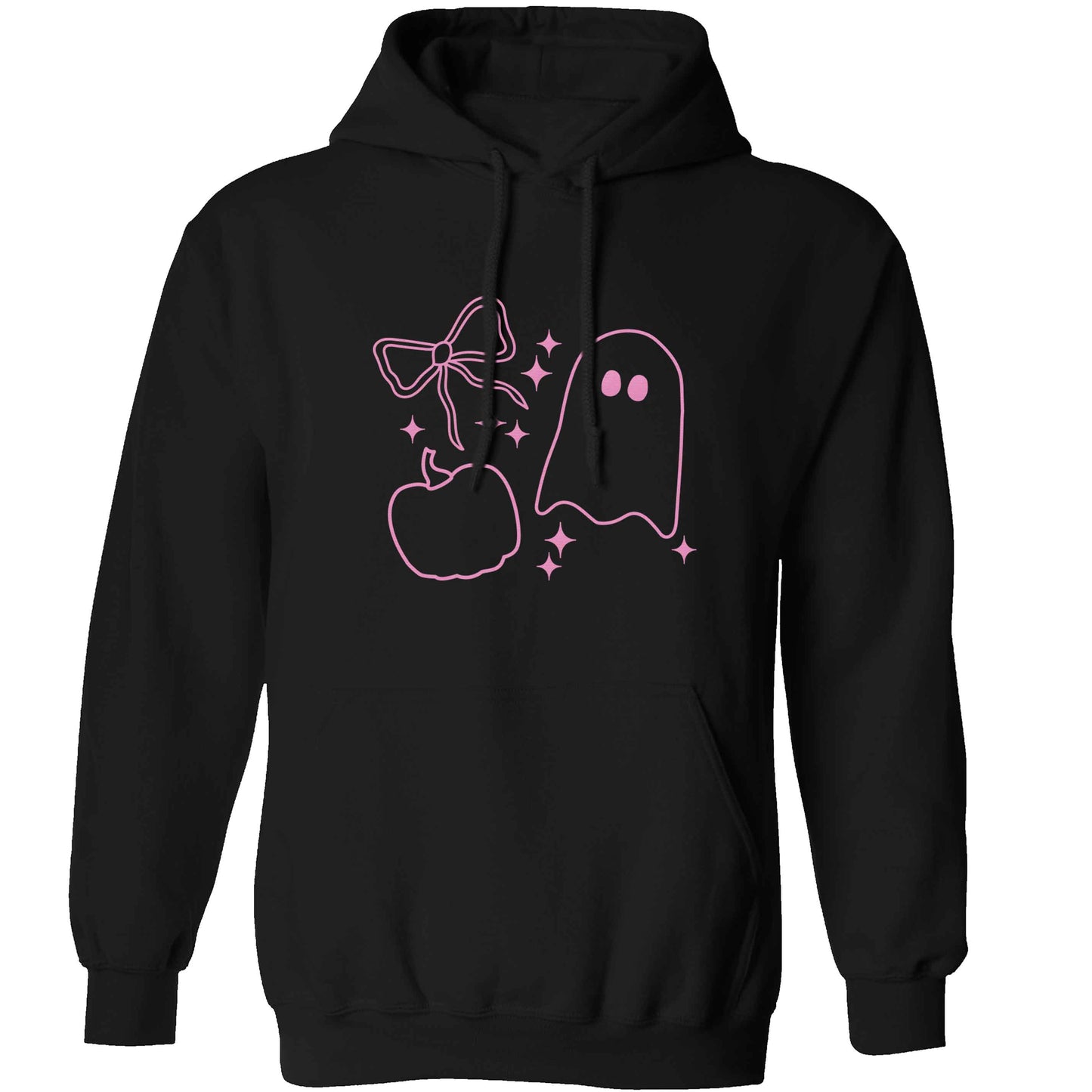 Ghost, bow and pumpkin illustration adults unisex black hoodie 2XL