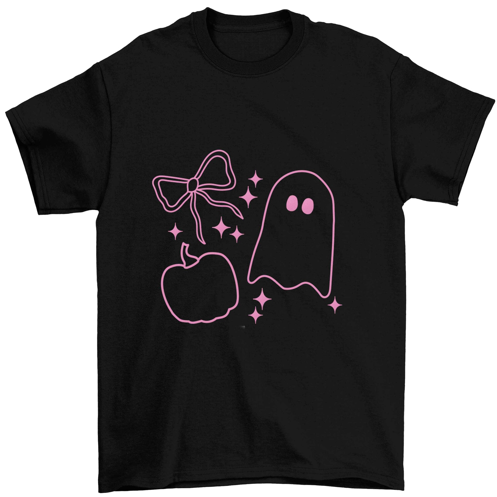 Ghost, bow and pumpkin illustration Children's black Tshirt 12-13 Years