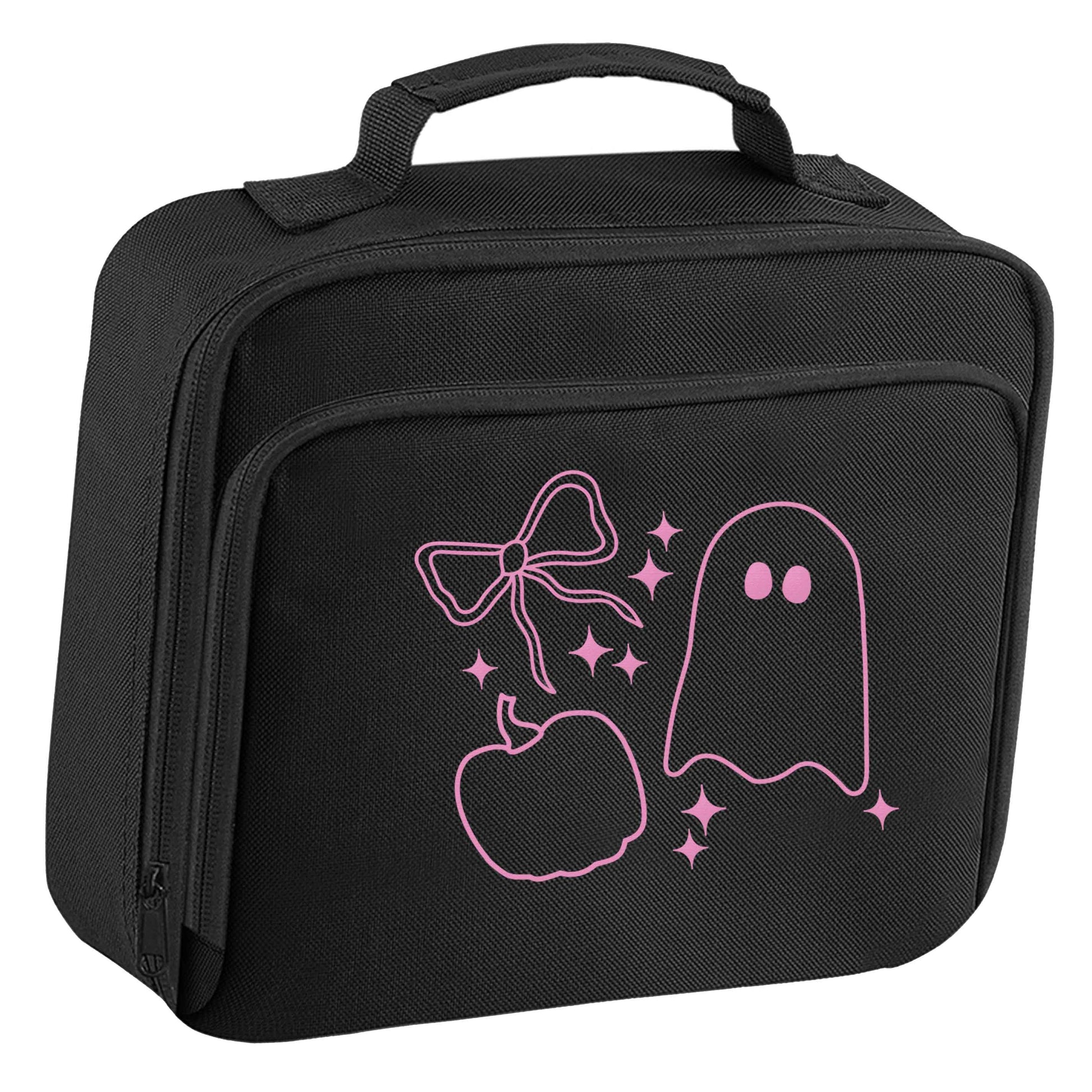 Ghost, bow and pumpkin illustration insulated black lunch bag cooler