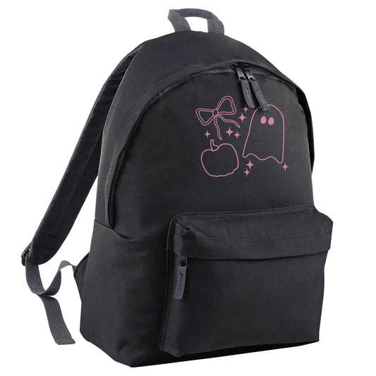 Ghost, bow and pumpkin illustration black adults backpack