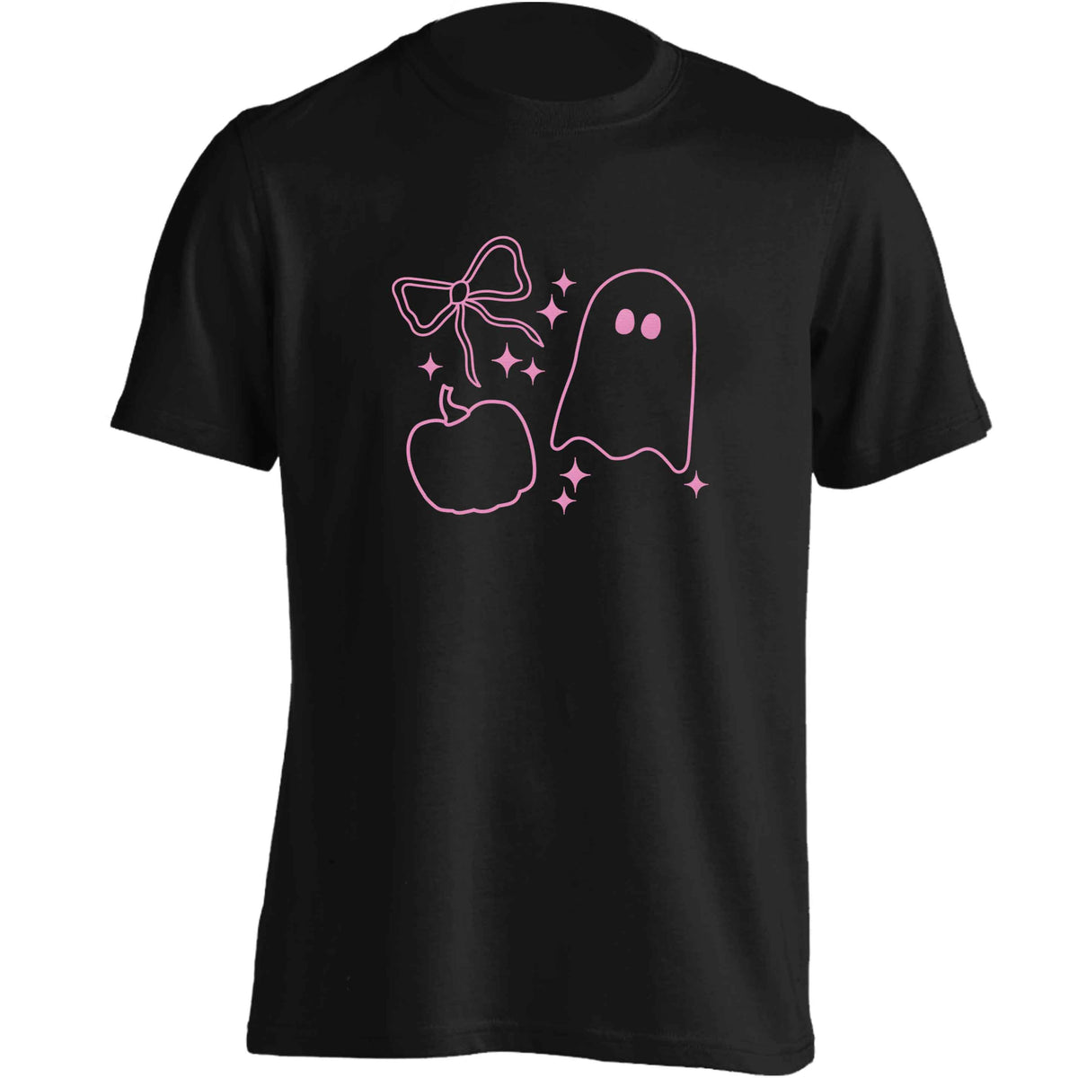 Ghost, bow and pumpkin illustration adults unisex black Tshirt 2XL