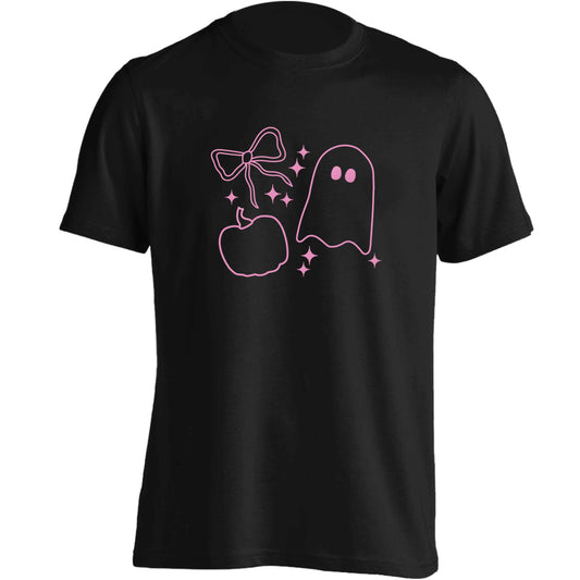 Ghost, bow and pumpkin illustration adults unisex black Tshirt 2XL