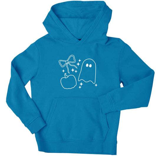 Ghost, bow and pumpkin illustration children's blue hoodie 12-13 Years