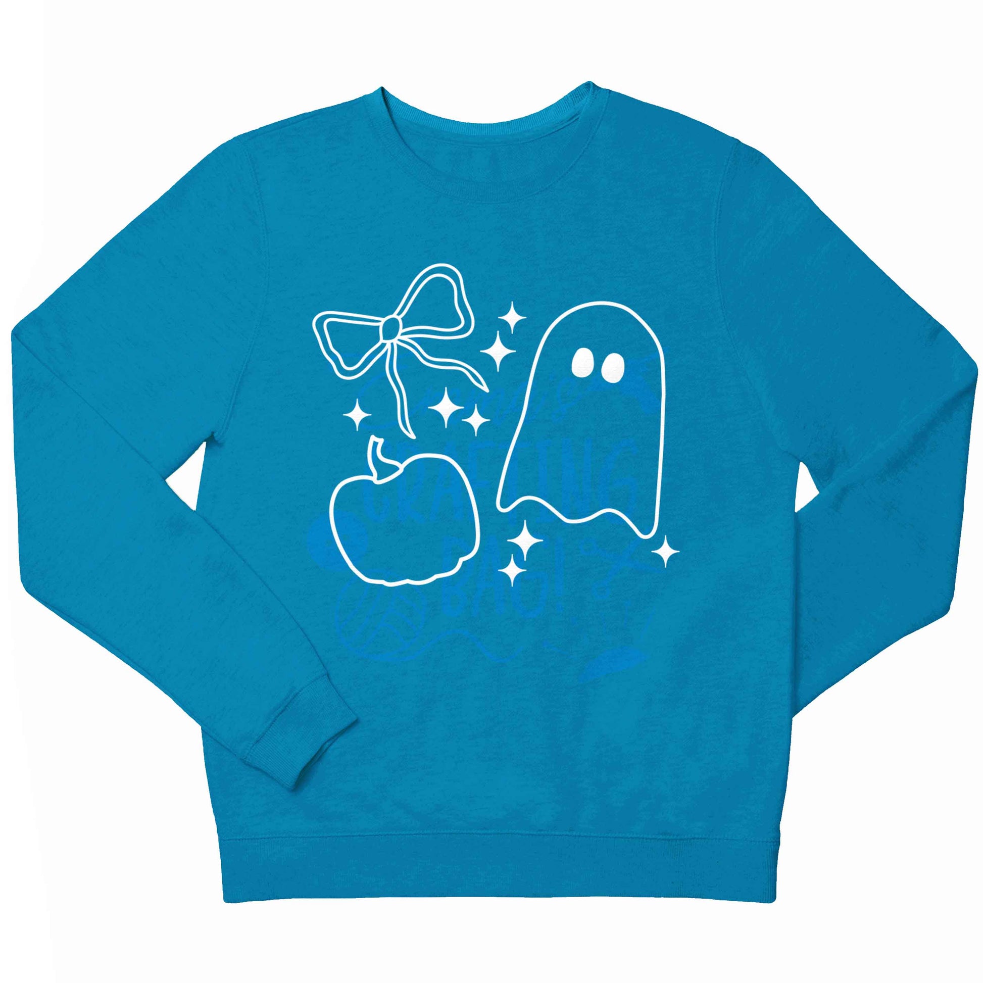 Ghost, bow and pumpkin illustration children's blue sweater 12-13 Years
