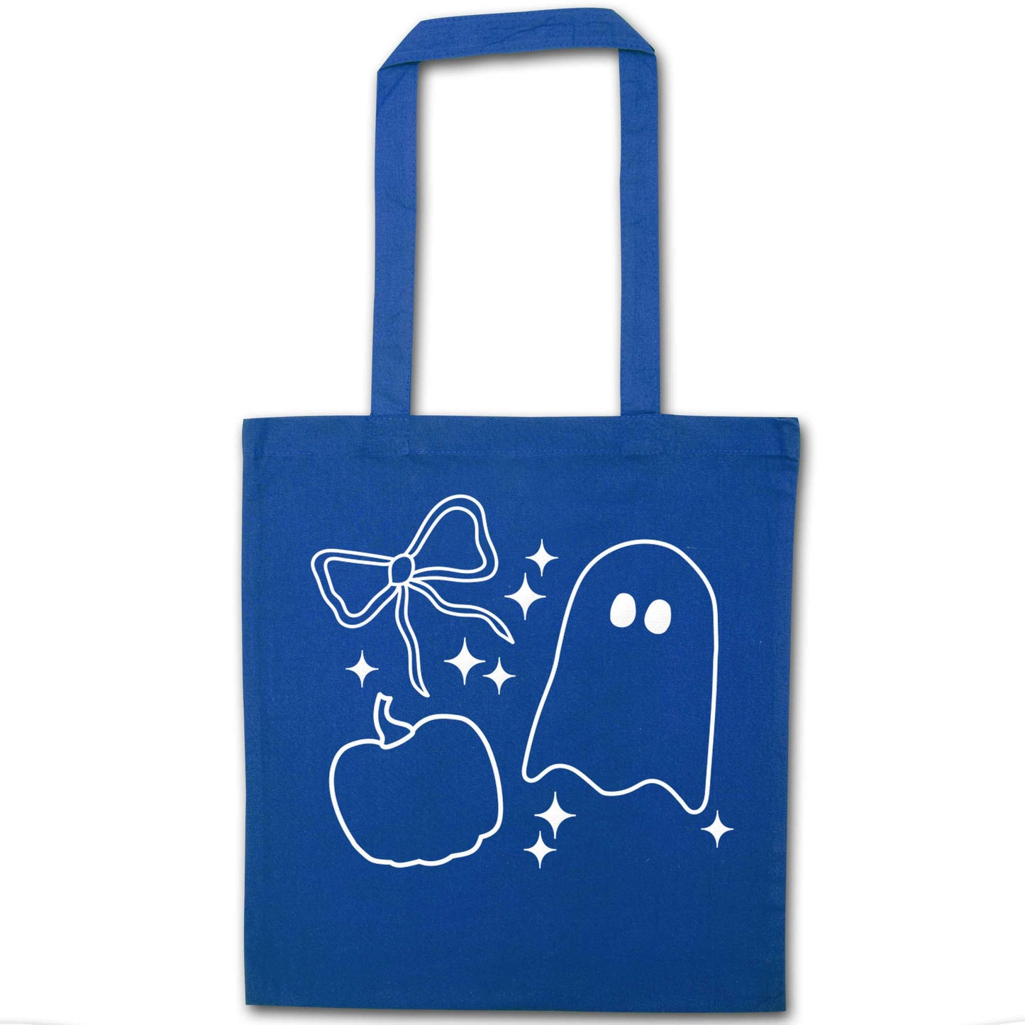 Ghost, bow and pumpkin illustration blue tote bag