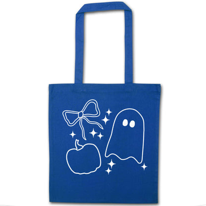 Ghost, bow and pumpkin illustration blue tote bag