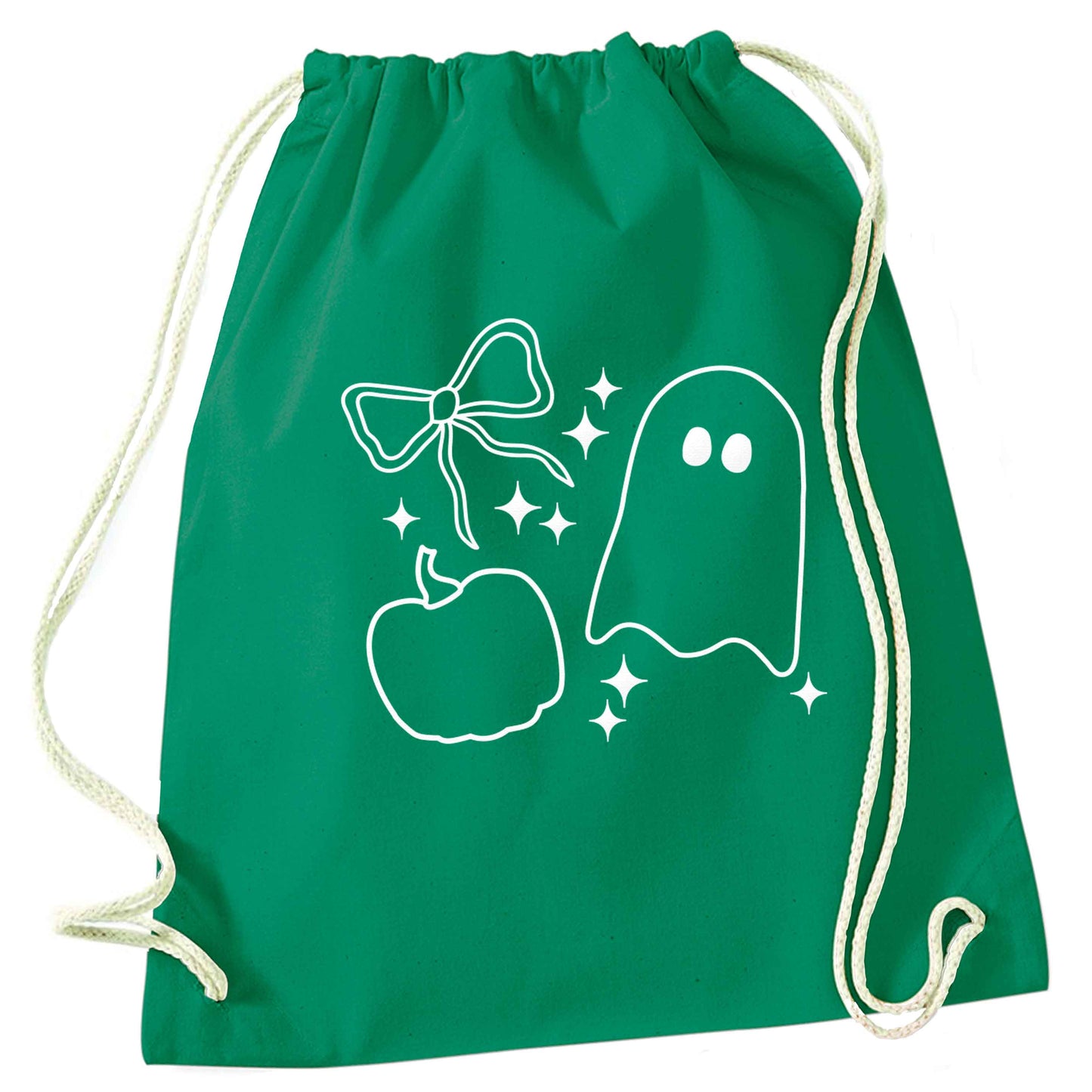 Ghost, bow and pumpkin illustration green drawstring bag
