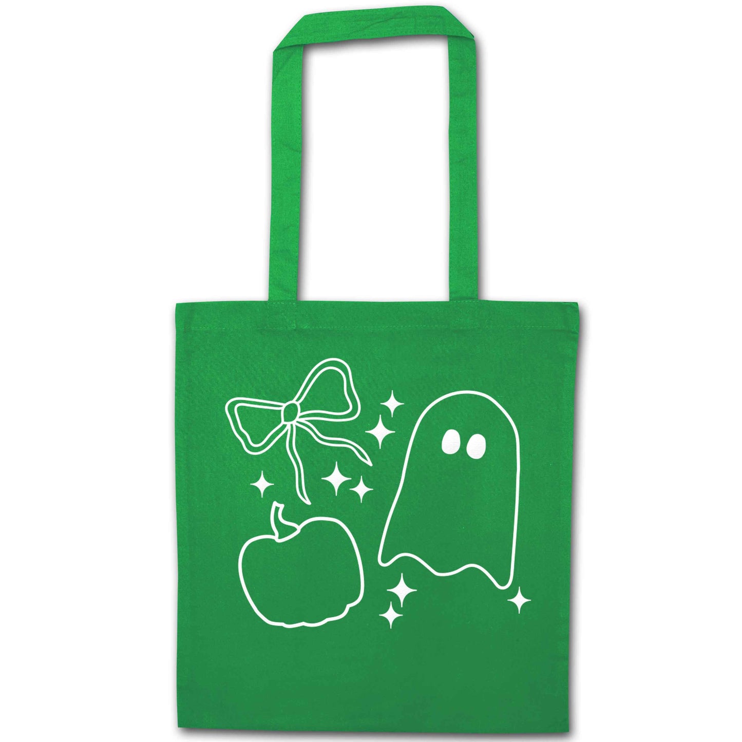 Ghost, bow and pumpkin illustration green tote bag