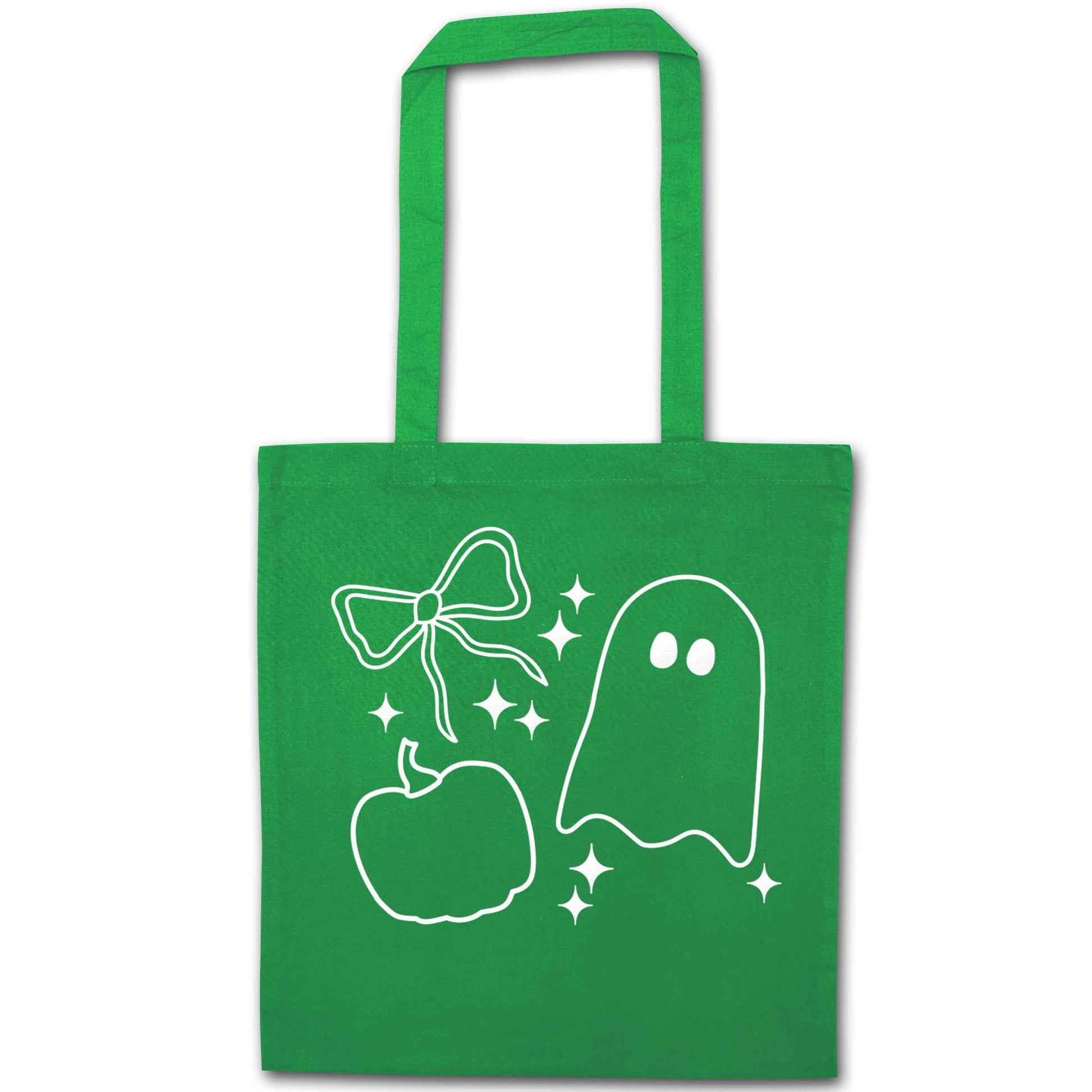 Ghost, bow and pumpkin illustration green tote bag