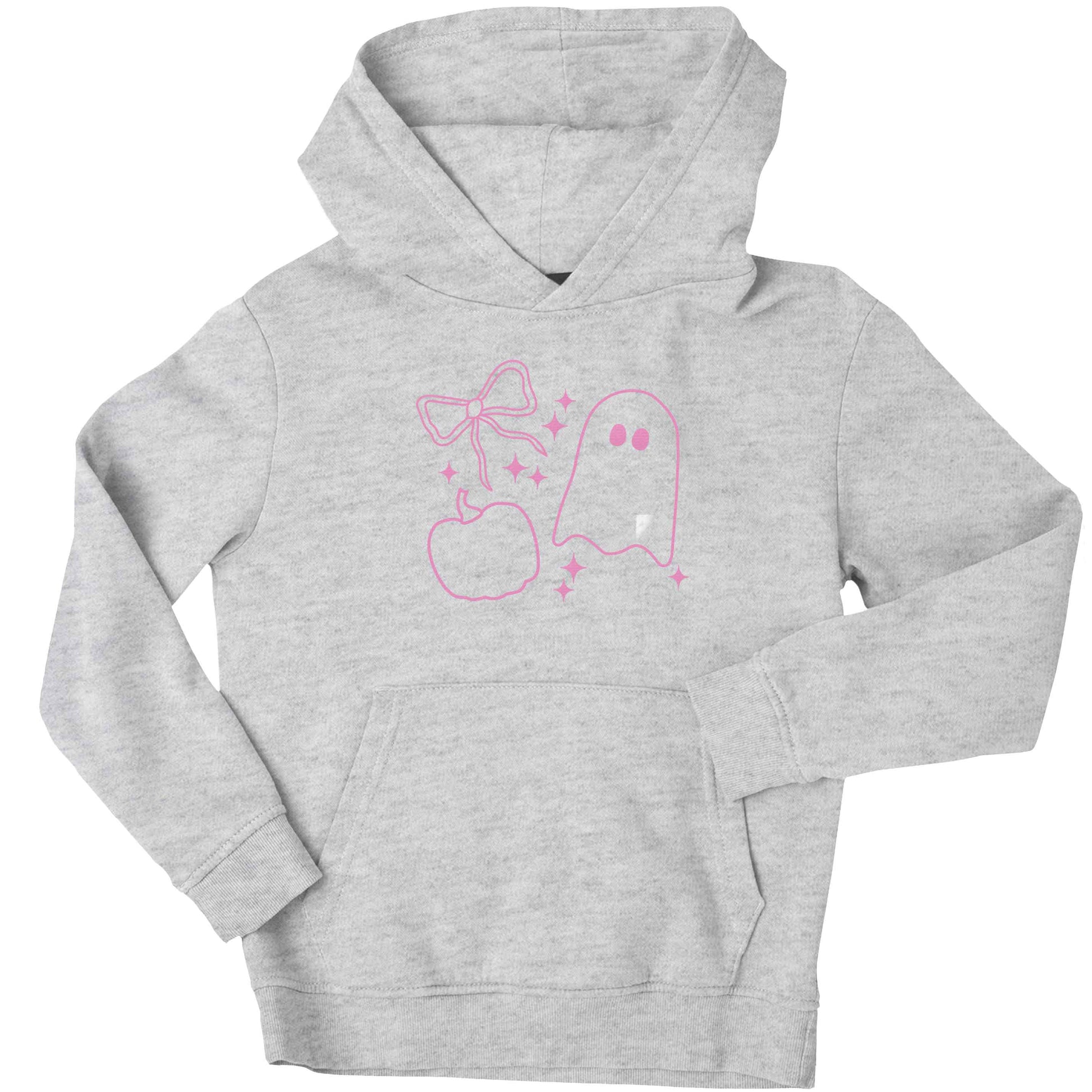 Ghost, bow and pumpkin illustration children's grey hoodie 12-13 Years